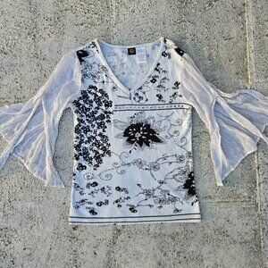 BILA Women Top Blouse Batwing Sleeve White/Black V Neck Embroidery Shirt Size S